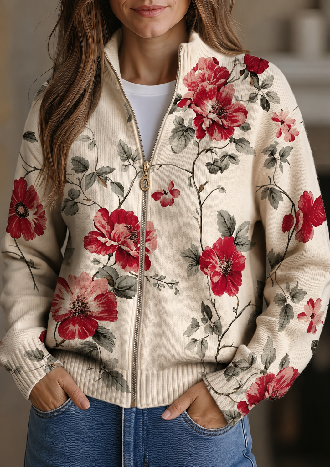 Vintage rose print zip cardigan with white knit base and red floral sleeves