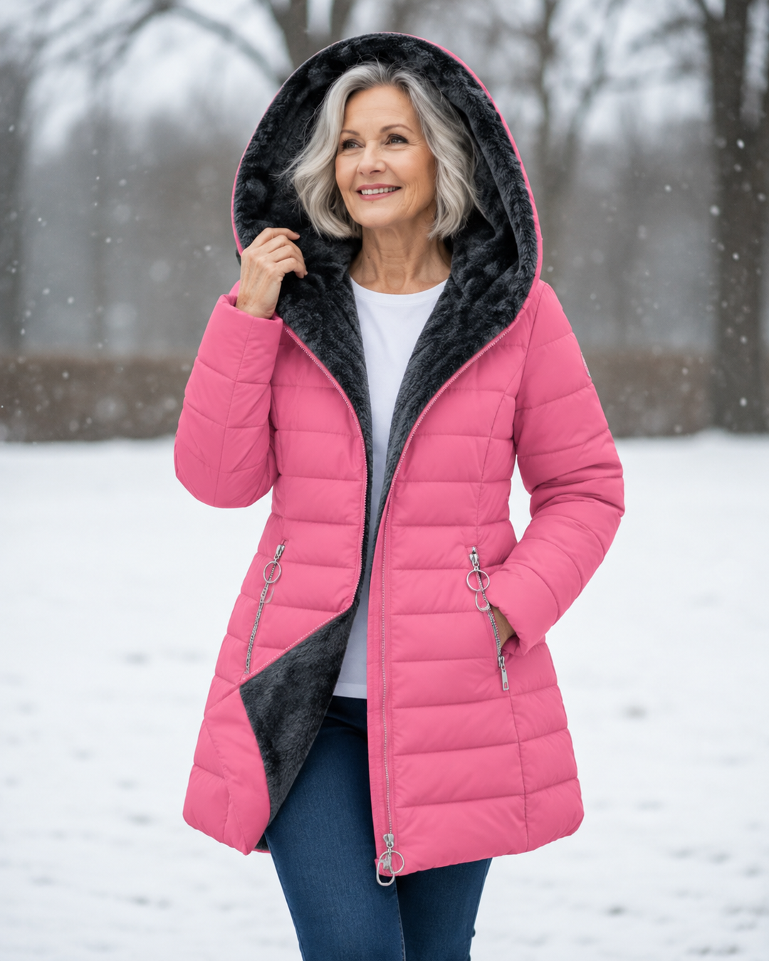 Winter hooded puffer coat, pink with black faux-fur hood lining and front zipper