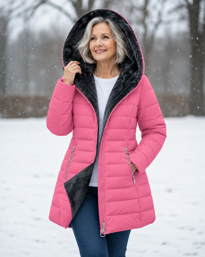 Winter hooded puffer coat, pink with black faux-fur hood lining and front zipper