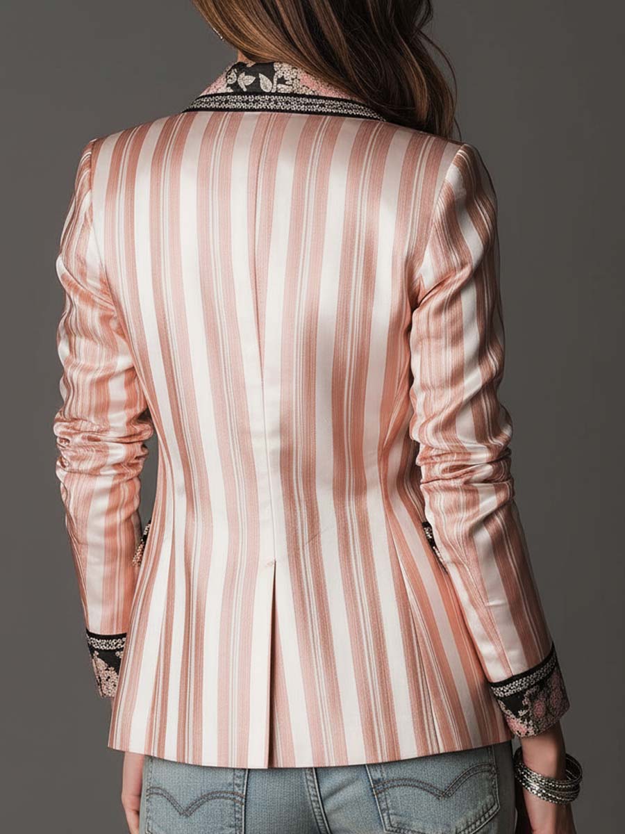Pink satin-striped blazer back with tailored seam detail and structured shoulders