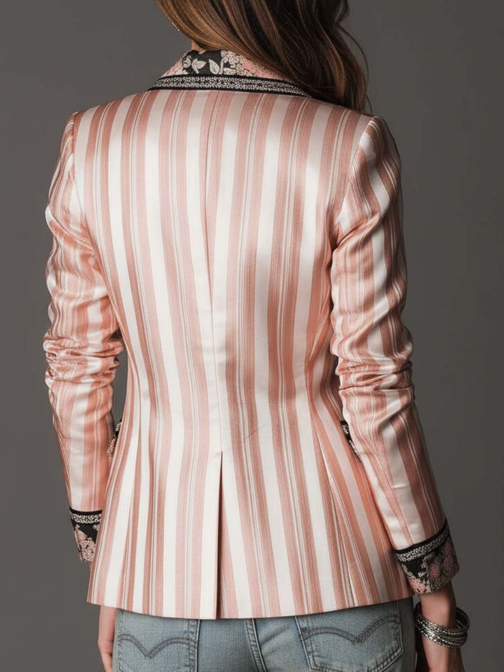 Pink satin-striped blazer back with tailored seam detail and structured shoulders