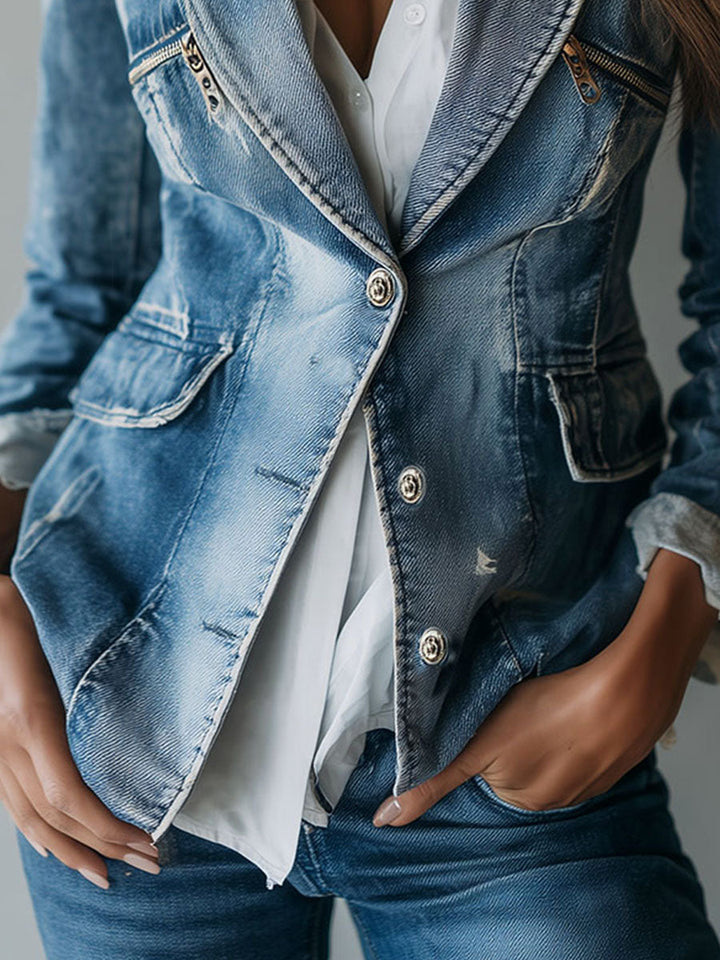 Washed blue denim blazer close-up with button front and flap chest pockets