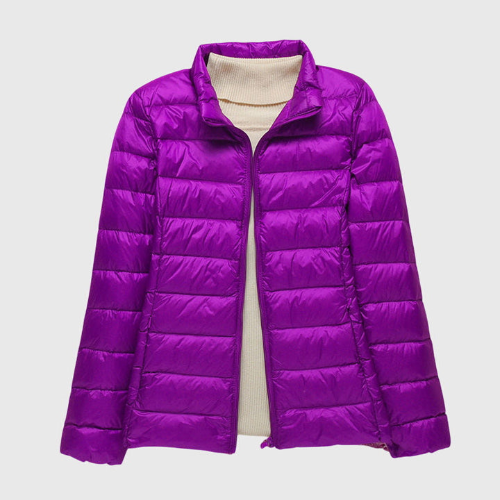 Purple ultralight puffer jacket, full-zip with stand collar and ribbed knit trim