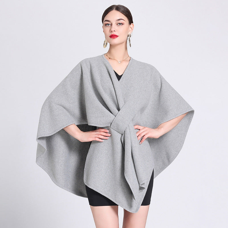 Light gray fleece cape shawl with V-neck and tied front belt wrap