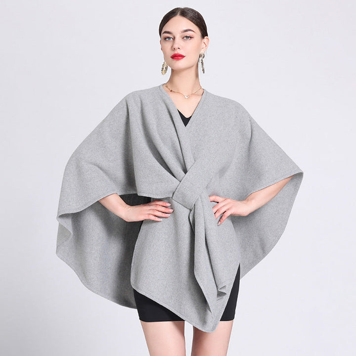 Light gray fleece cape shawl with V-neck and tied front belt wrap
