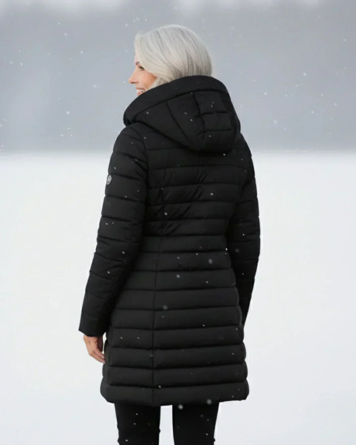 Black long padded winter jacket with hood, stitched panel design (back view)