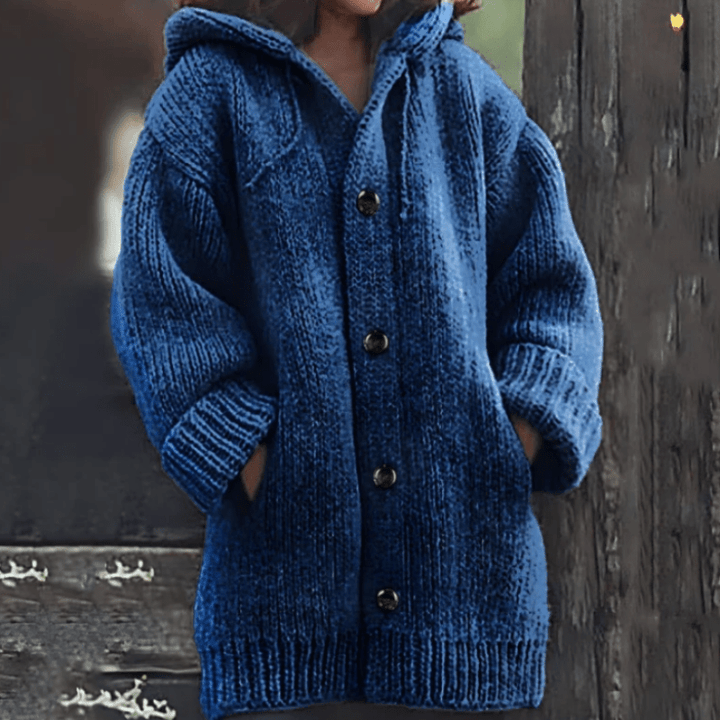 Blue hooded knit vest with button front and ribbed cuffs and hem