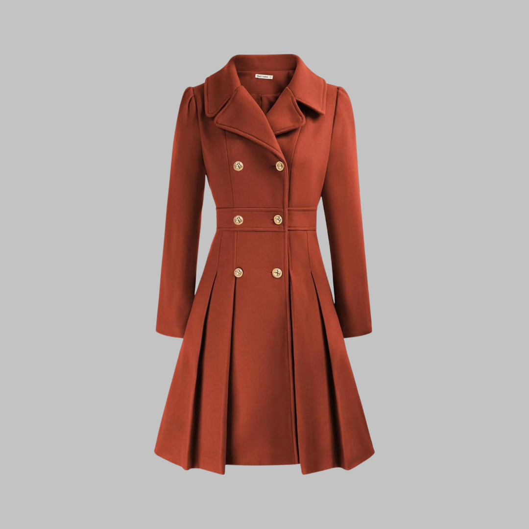 Rust red fitted double-breasted coat with notched lapels, gold buttons, pleated skirt