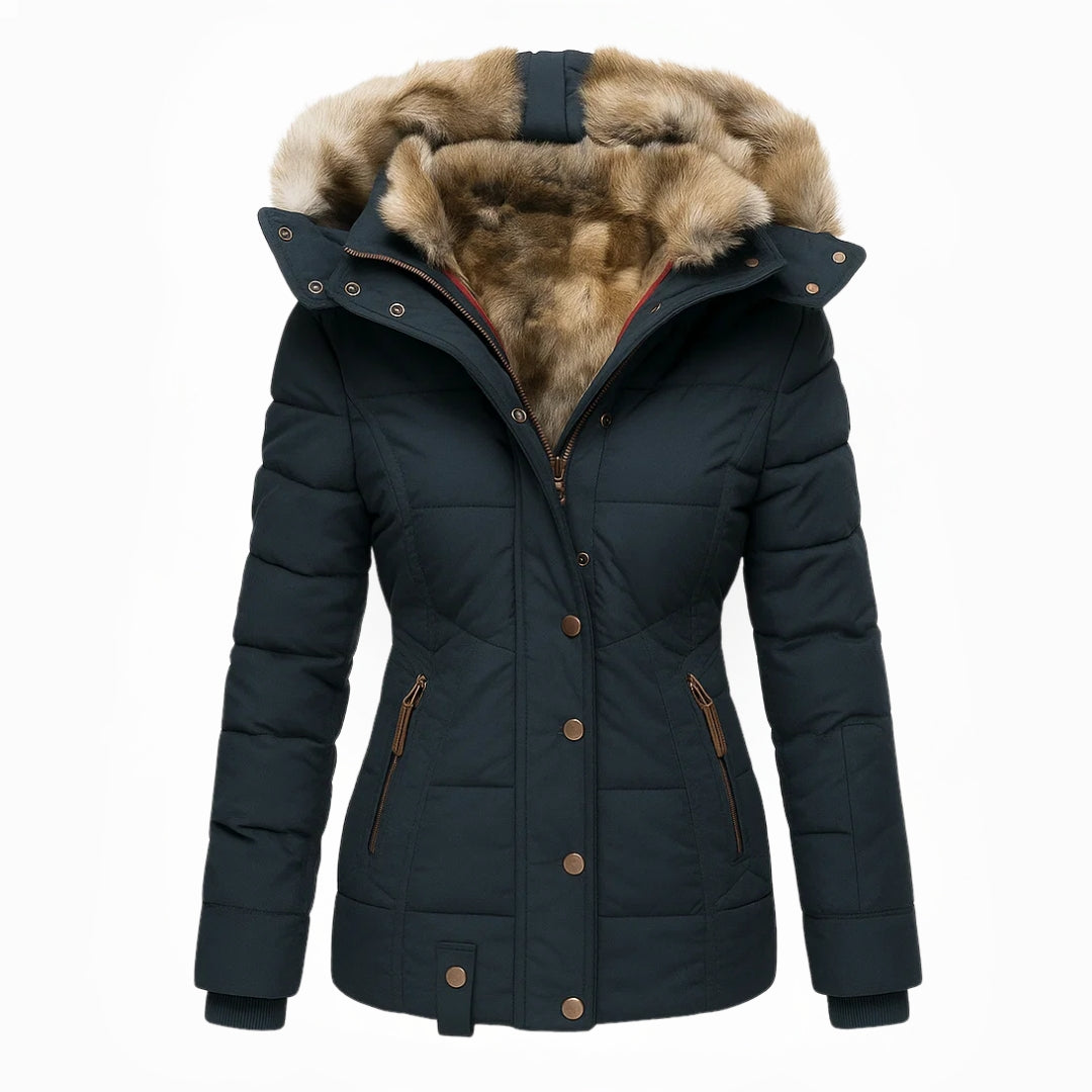 Dark blue quilted winter coat with tan fur-lined hood and button front