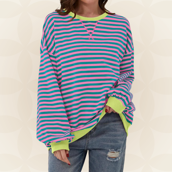 Jasmine™ striped sweater in teal and pink stripes, V-neck, long sleeves, relaxed fit
