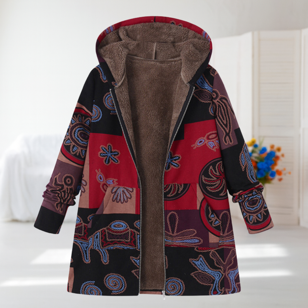 Hooded boys' coat in black and red with colorful paisley print, zip front