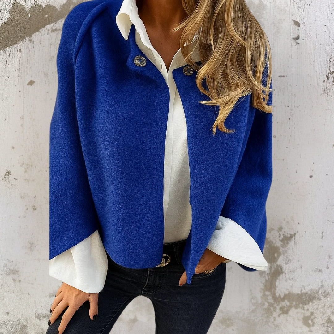 Blue short jacket with button front and wide collar