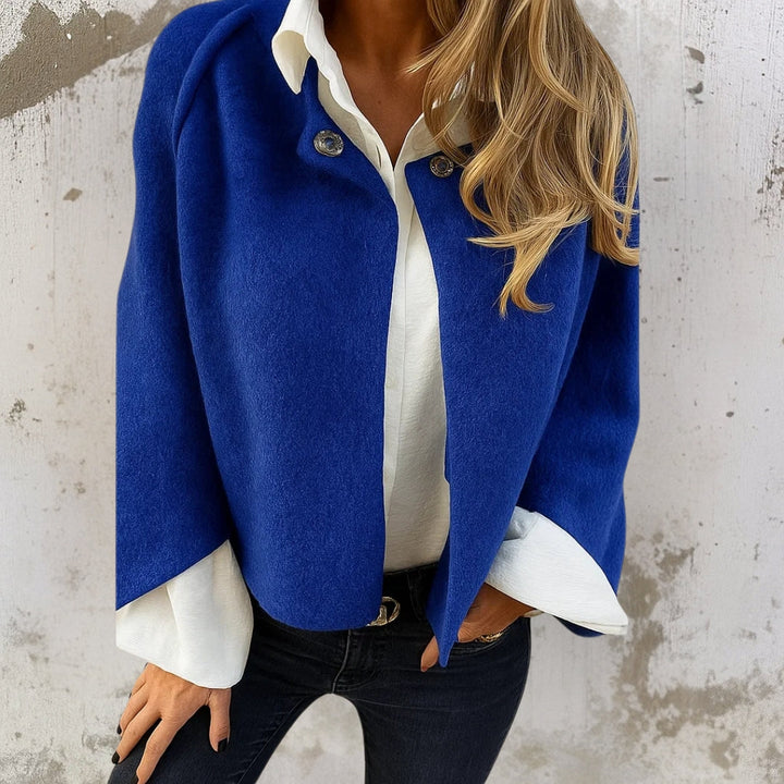 Blue short jacket with button front and wide collar