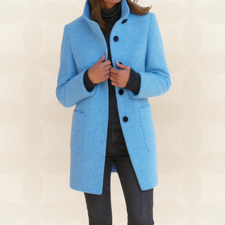 Women’s light blue wool coat with high collar, button front, and side pockets