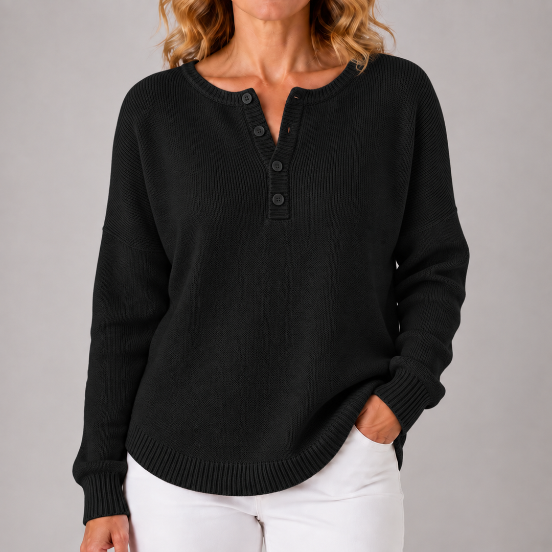 Black classic button knit sweater with henley placket and ribbed cuffs