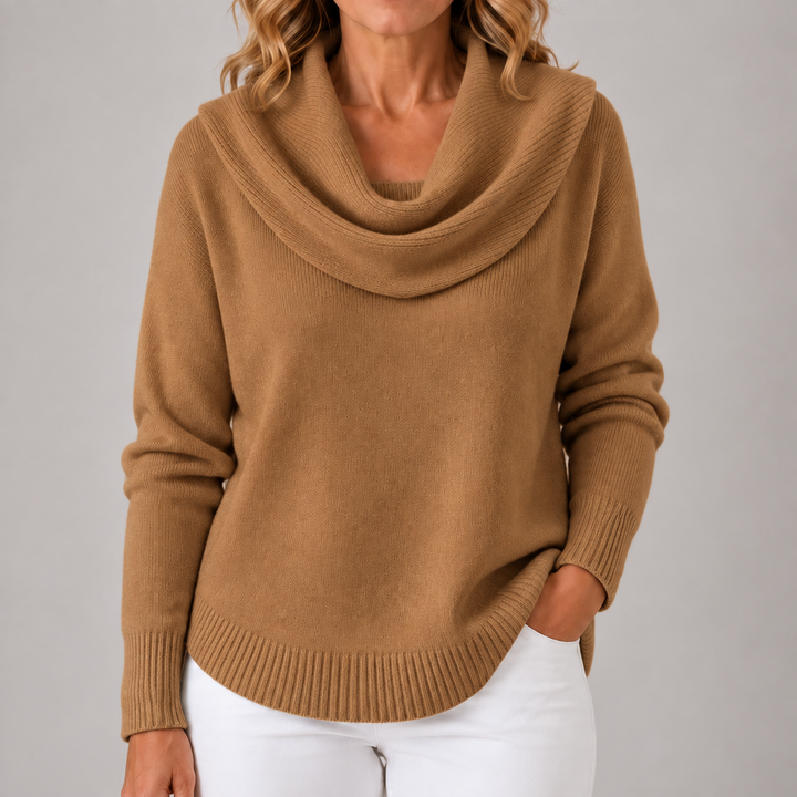 Tan/brown cowl neck knit sweater with draped cowl, long sleeves, ribbed cuffs and hem