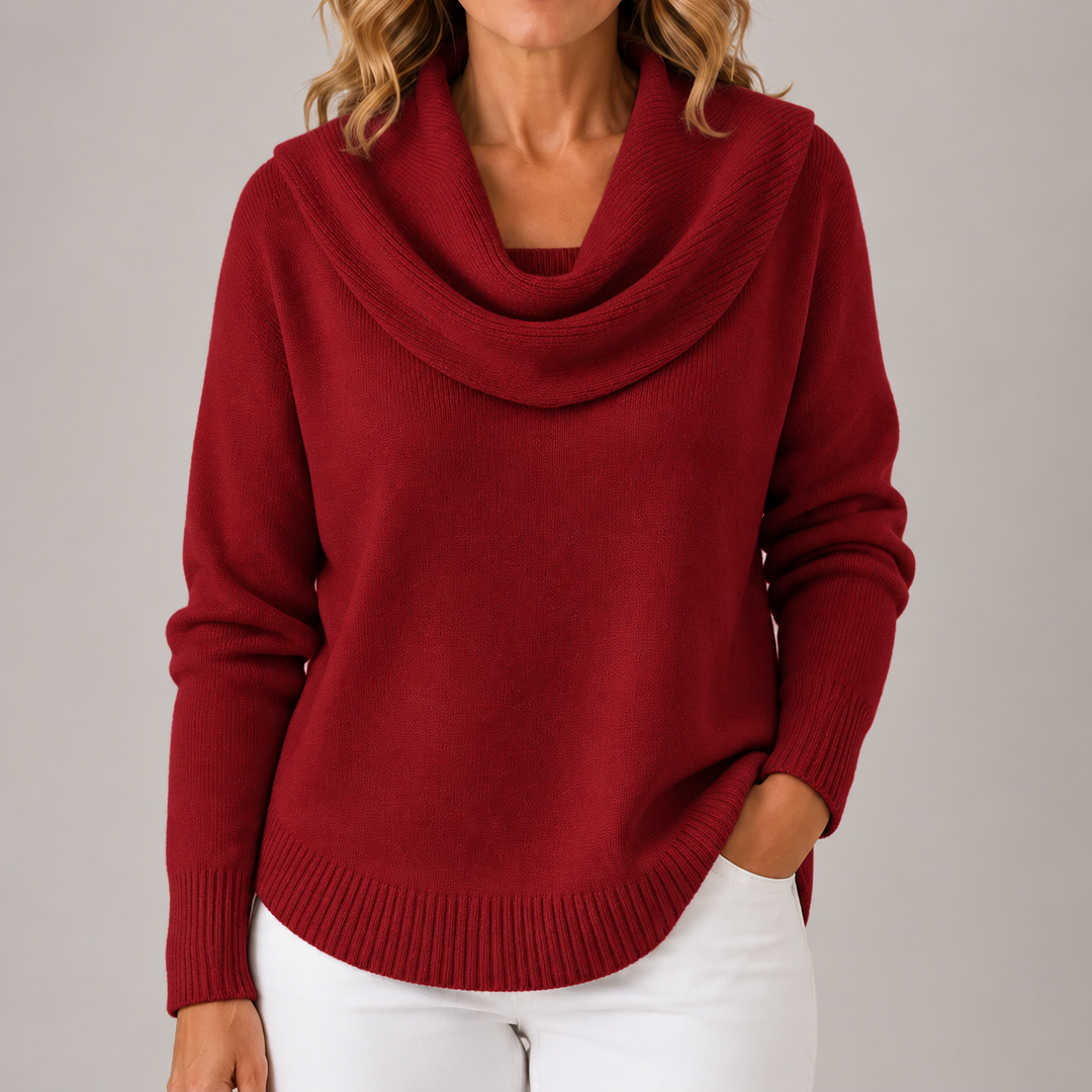 Red cowl neck knit sweater with draped cowl, long sleeves, ribbed cuffs and hem