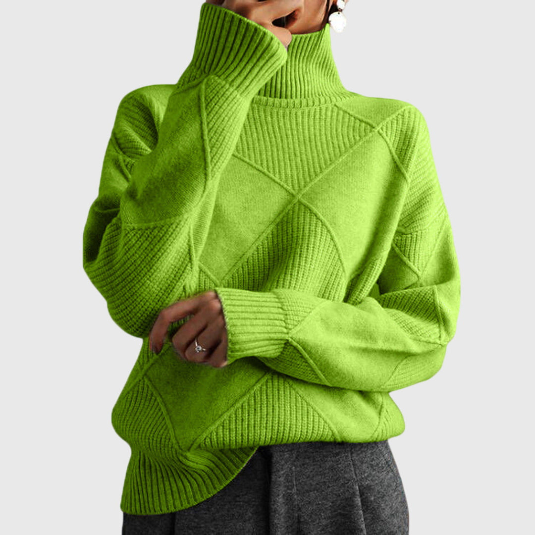 Green turtleneck knit jumper with diamond panel motif and ribbed cuffs, long sleeves