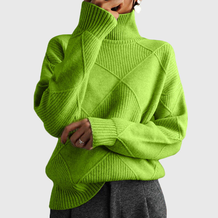 Green turtleneck knit jumper with diamond panel motif and ribbed cuffs, long sleeves