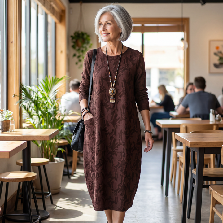 Burgundy knit midi dress with waist belt and long sleeves, jacquard texture