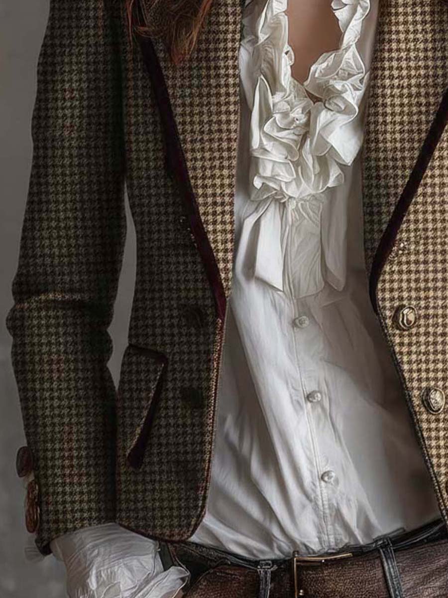 Brown houndstooth tweed tailored blazer with notch lapel, flap pockets, and dark edges