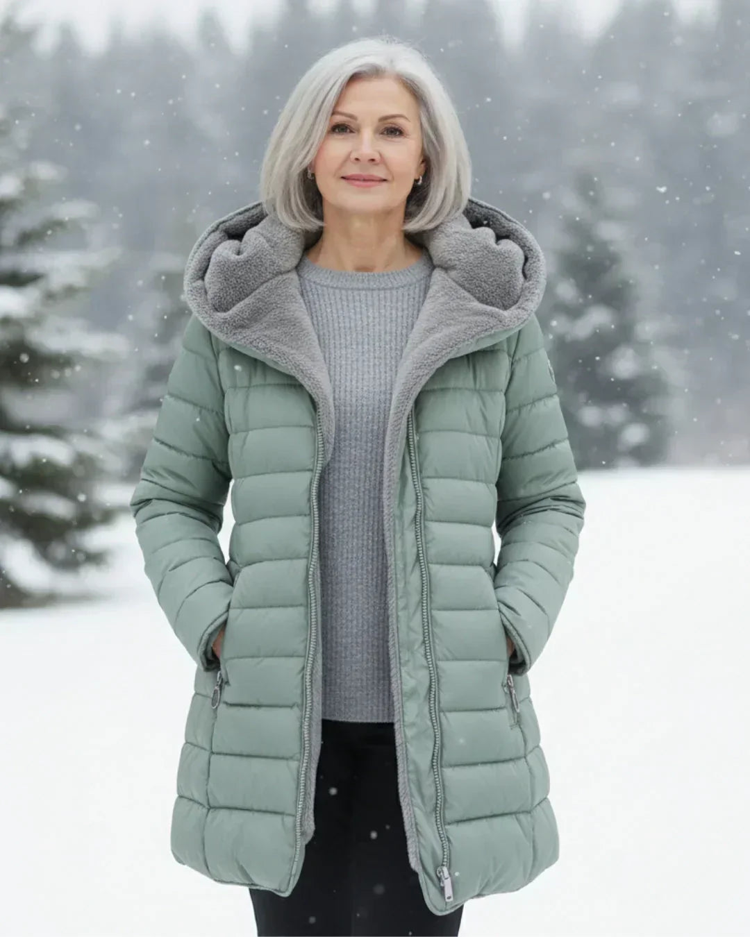 Light green padded winter jacket with gray hood lining, front zipper, side pockets.