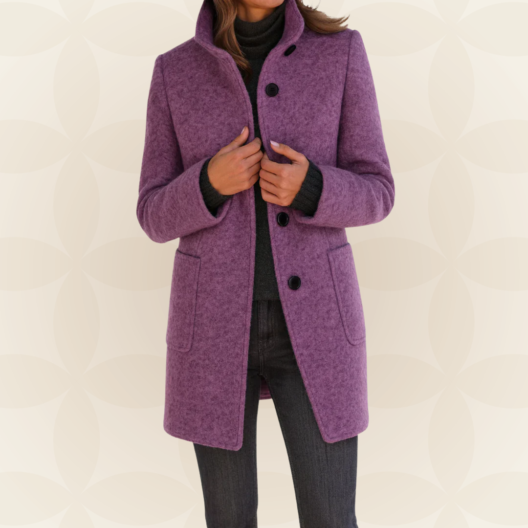 Women’s purple wool coat with high collar, button front, and side pockets
