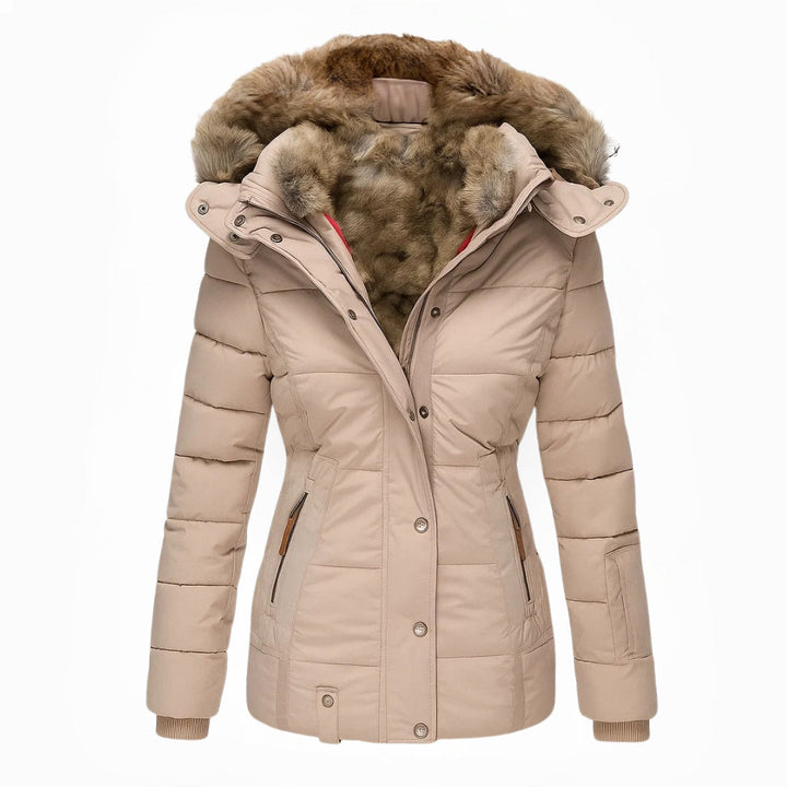 Beige quilted winter coat with brown fur-lined hood and button front