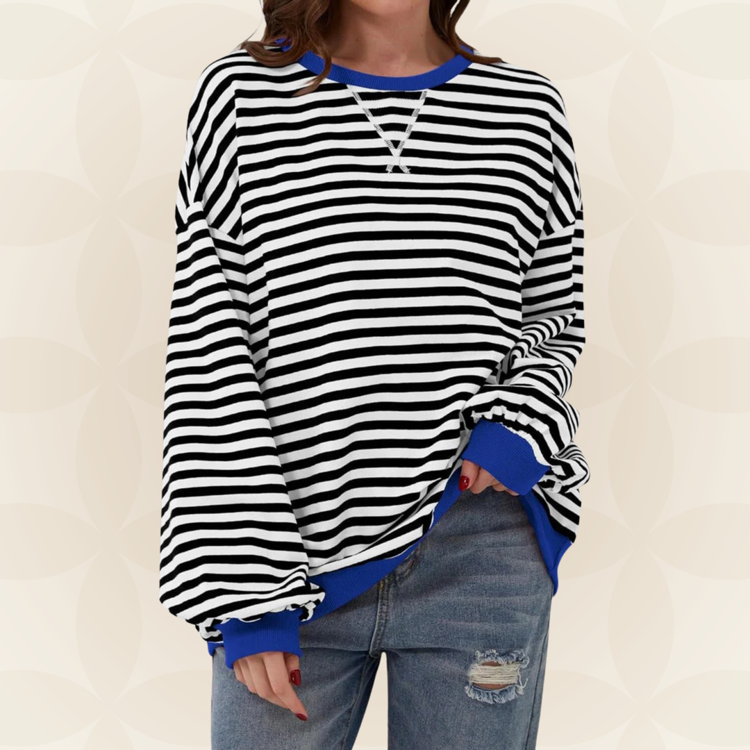 Jasmine™ striped sweater in black and white, V-neck, long sleeves, relaxed fit
