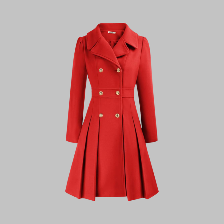 Red fitted double-breasted coat with notched lapels, gold buttons, pleated skirt