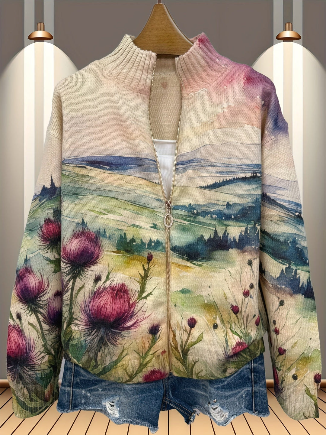 Watercolor landscape floral zip cardigan on hanger with stand collar