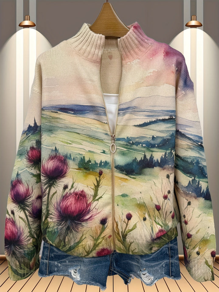 Watercolor landscape floral zip cardigan on hanger with stand collar