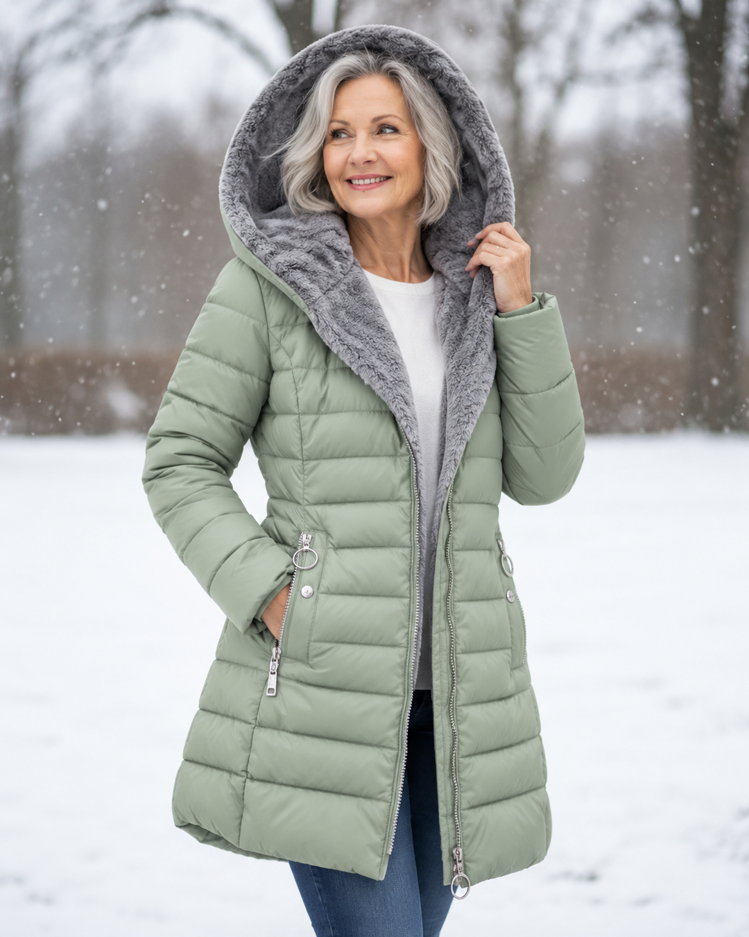 Women's winter coat with hood, light green quilted puffer, gray faux-fur hood trim, zipper.