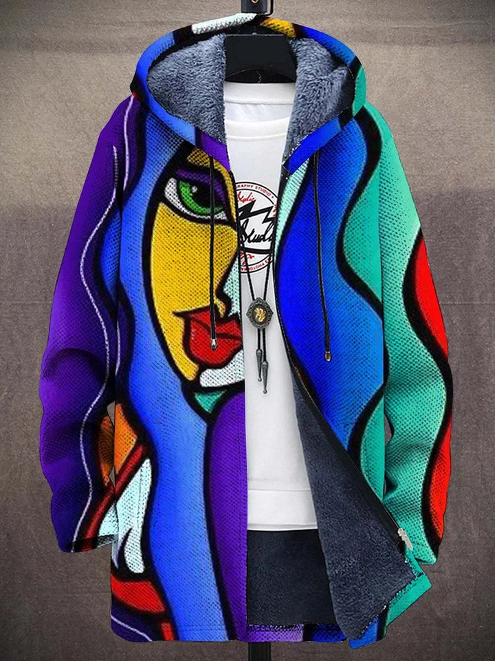 Luxury hooded zip-front cardigan with abstract multicolor face print and purple trim
