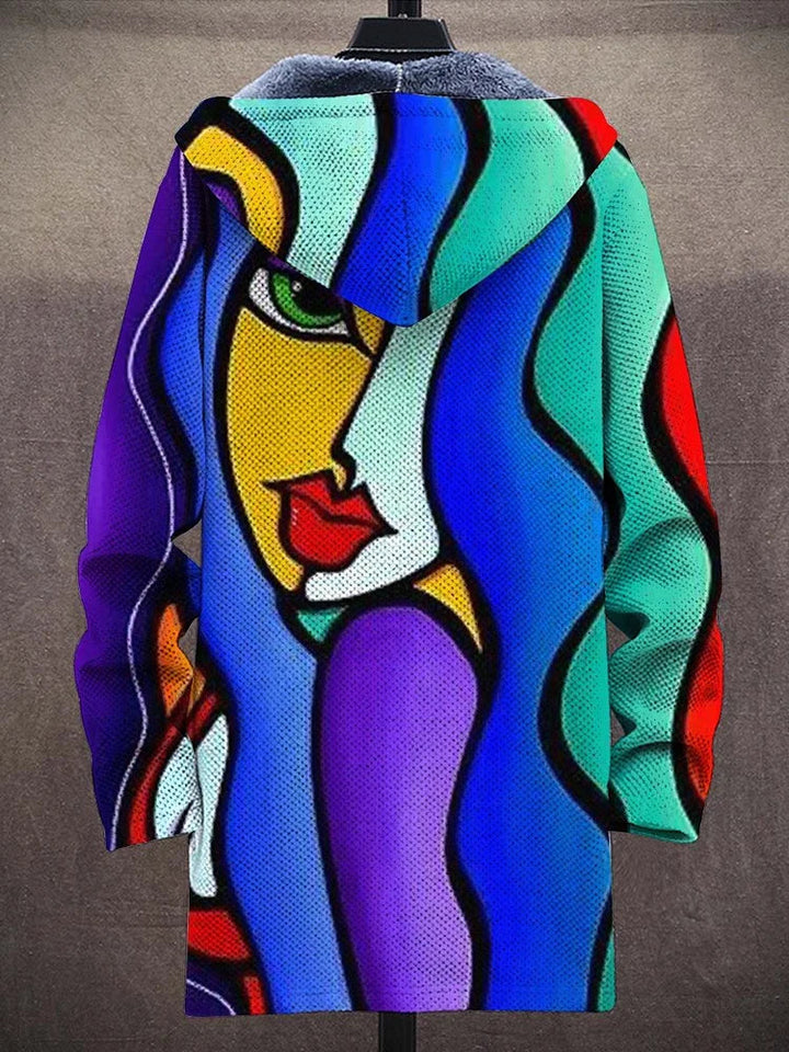 Luxury hooded zip-front cardigan with abstract multicolor face print, teal and red accents