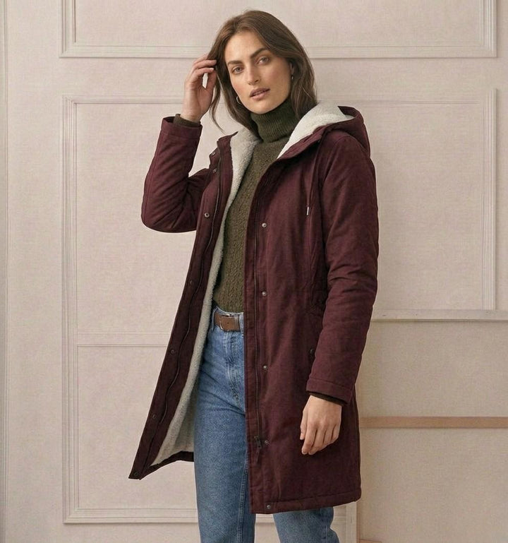Waterproof long parka with hood, dark maroon outer shell, sherpa lining, front zipper.