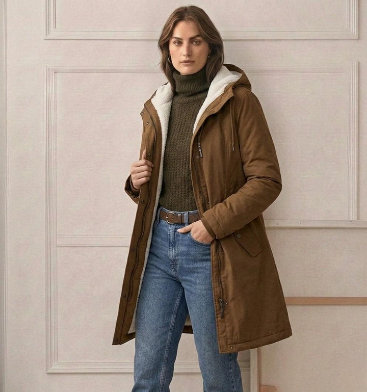Waterproof long parka with hood, warm brown outer shell, sherpa lining, front zip closure.