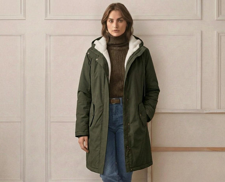 Waterproof long parka with hood, dark green outer shell, sherpa lining, front zip opening.