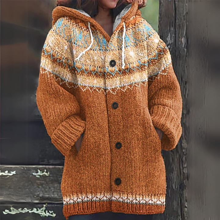 Rust-brown knit cardigan with hood, button front, speckled yoke in cream and blue