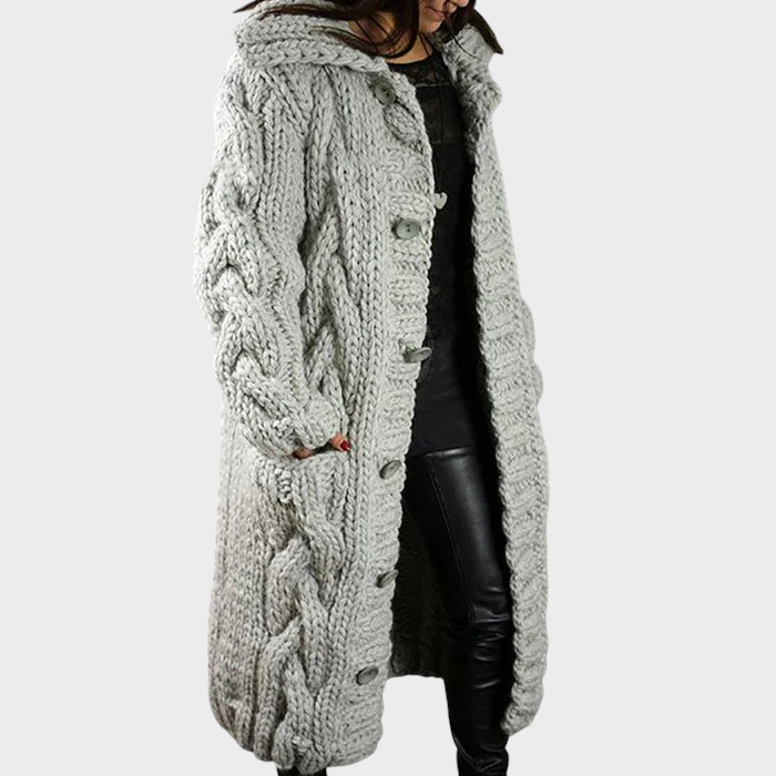 Light gray cable-knit hooded cardigan with button front and textured cable pattern.