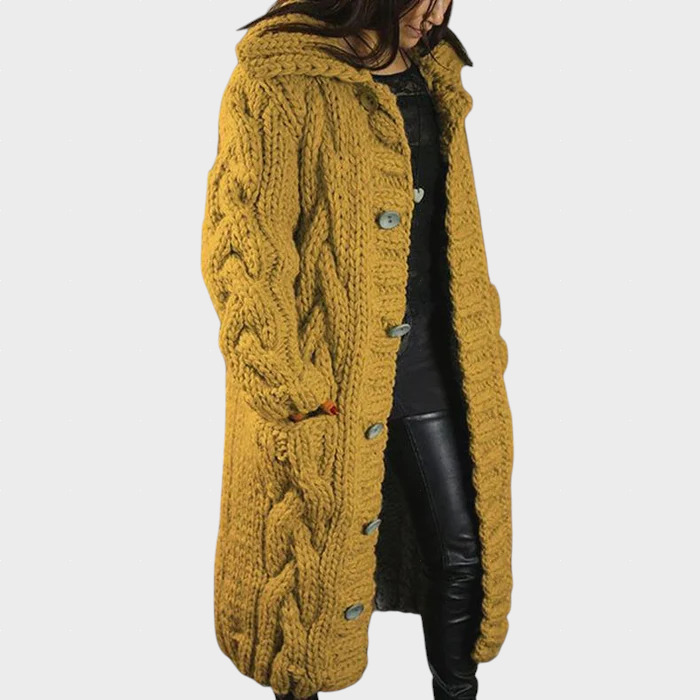 Mustard yellow cable-knit hooded cardigan with button front and long sleeves.