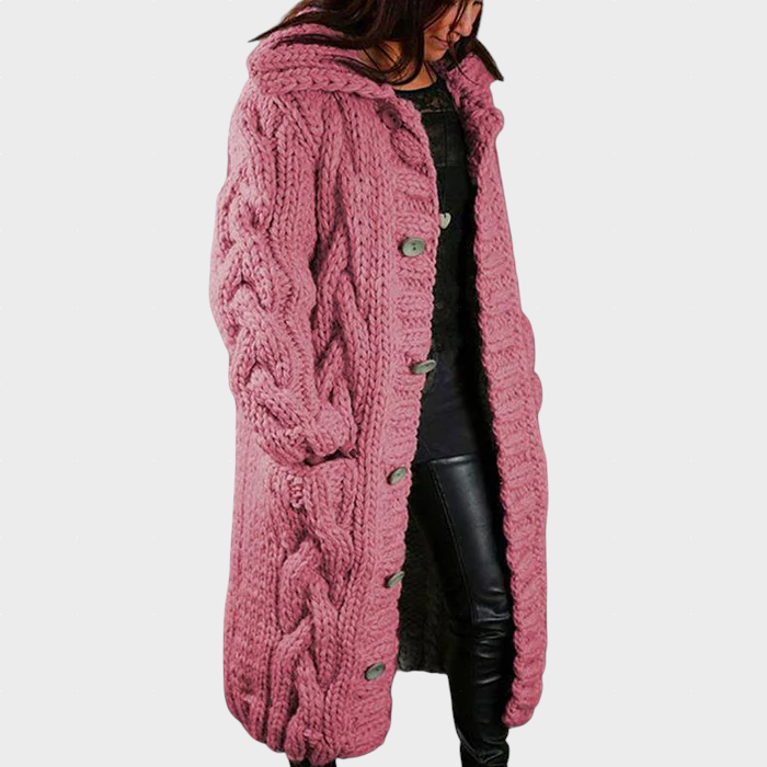 Pink cable-knit hooded cardigan with button front and twisted cable knit detail.