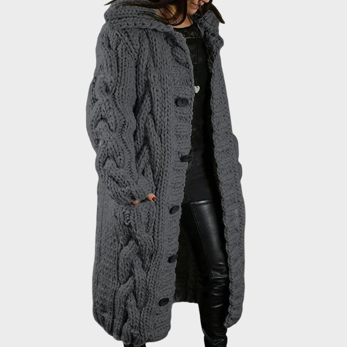 Charcoal gray cable-knit hooded cardigan with button front and cable knit texture.