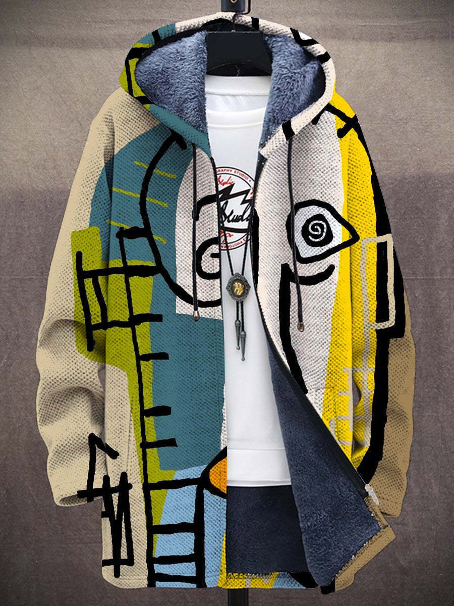 Bindi™ luxury cardigan with hood, multicolor abstract print, zip-front