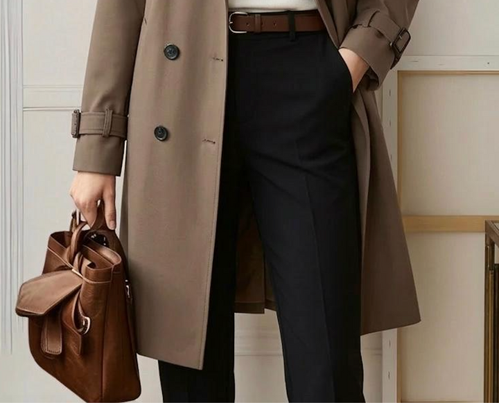 Khaki trench coat with belt loops, worn with dark pants and brown handbag
