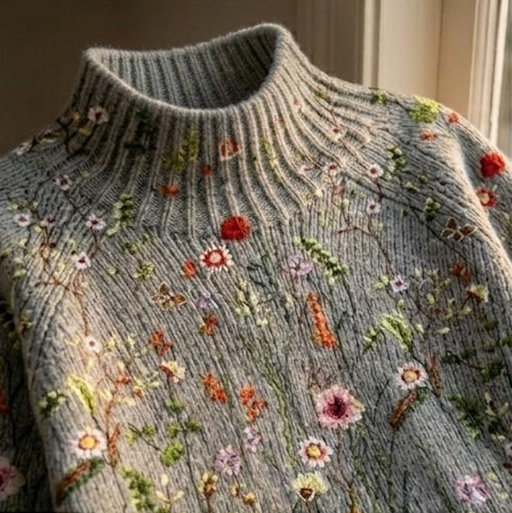 Grey knit jumper close-up with multicolor floral embroidery and ribbed high collar