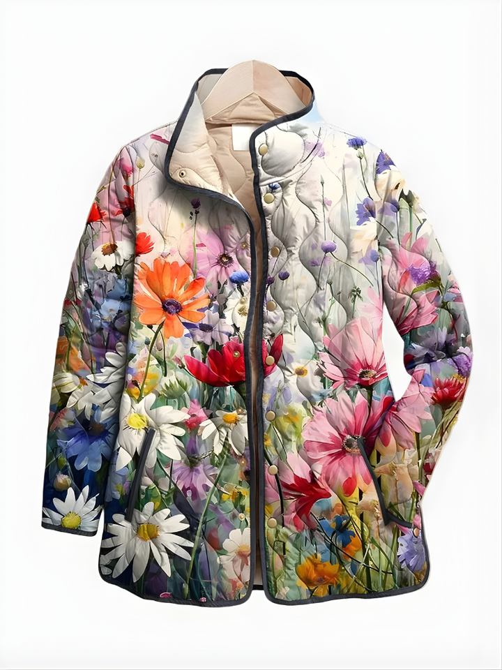Quilted floral jacket in multicolor blooms on light background