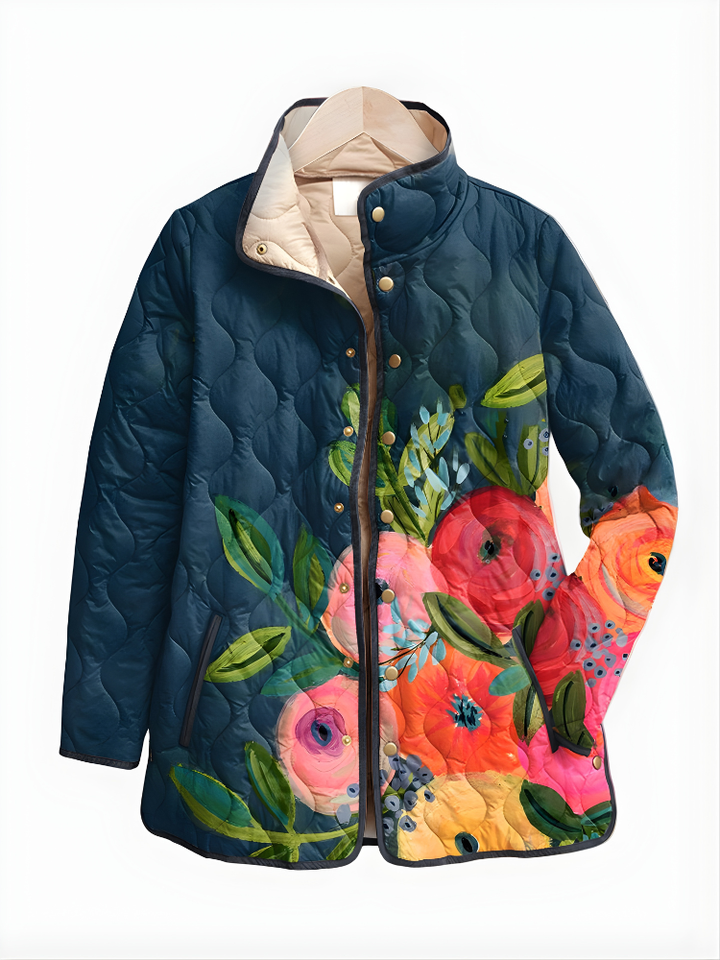 Quilted floral jacket in dark blue with pink, orange, and green flowers