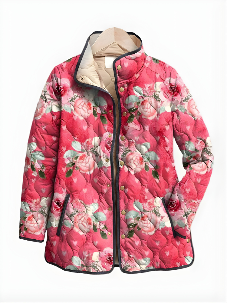 Quilted floral jacket in pink with rose and leaf prints