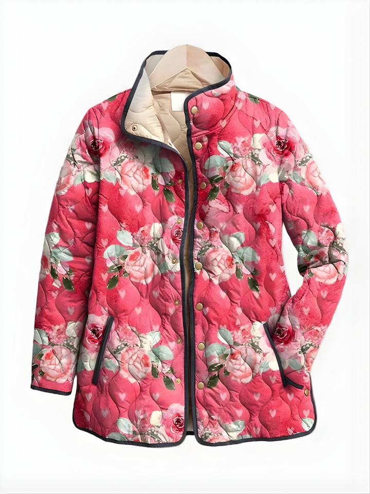 Quilted floral jacket in pink with rose and leaf prints